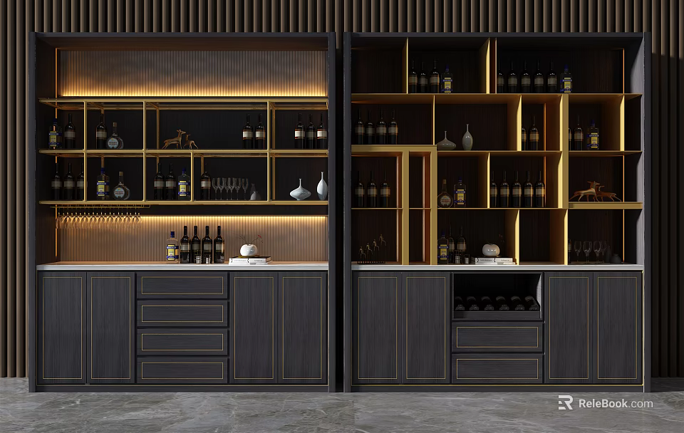 Modern Wine Cabinet With Black Gold Design LED Lighting Open Shelves And Storage Drawers 3d model 