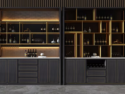 Modern Wine Cabinet With Black Gold Design LED Lighting Open Shelves And Storage Drawers 3d model