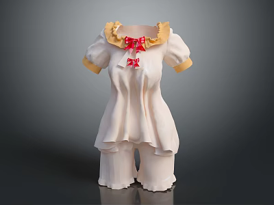 White Outfit With Yellow Ruffled Collar Red Bow Short Sleeves And Shorts 3d model