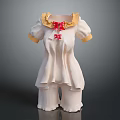White Outfit With Yellow Ruffled Collar Red Bow Short Sleeves And Shorts