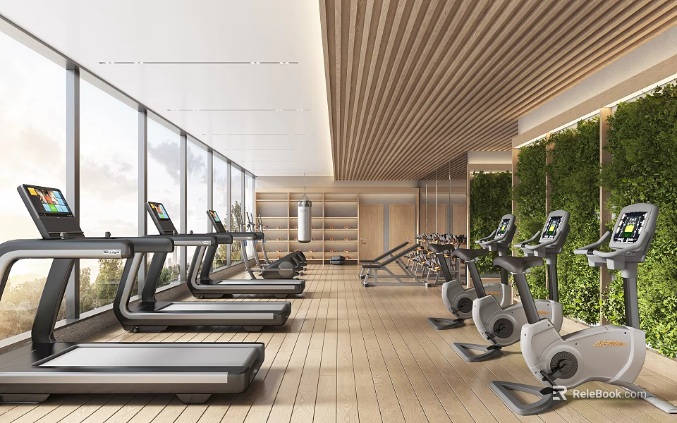 Spacious Fitness Gym With Treadmills Fitness Equipment Natural Light And Green Wall 3d model 