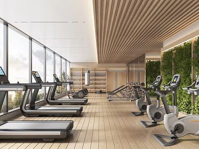 Spacious Fitness Gym With Treadmills Fitness Equipment Natural Light And Green Wall 3d model