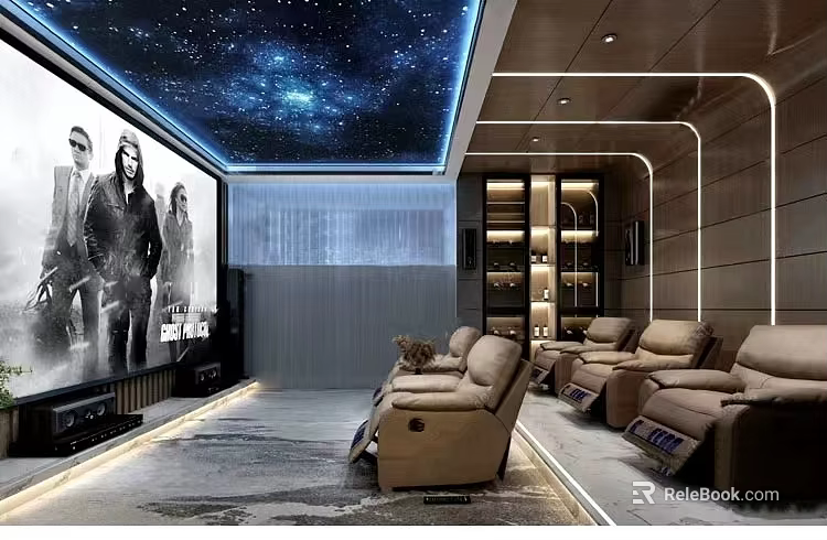 Modern Home Theater Room Interior With Starry Sky Ceiling Large Projection Screen And Recliner Chairs 3d model 