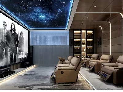 Modern Home Theater Room Interior With Starry Sky Ceiling Large Projection Screen And Recliner Chairs 3d model