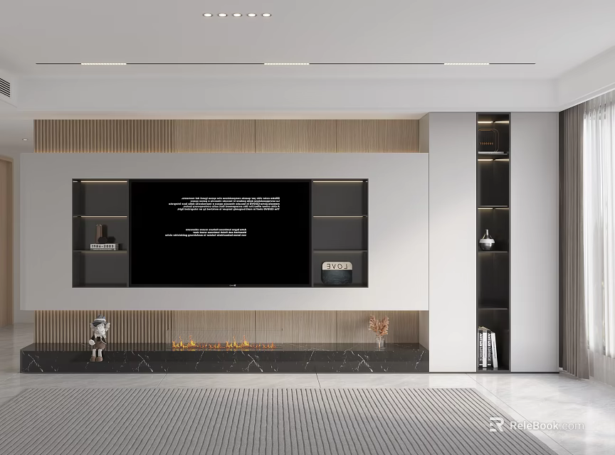 Modern TV Background Wall With Built in TV Fireplace And Storage Shelves 3d model 