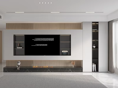 Modern TV Background Wall With Built in TV Fireplace And Storage Shelves 3d model