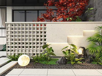 Garden Feature Wall With Lattice Grid Red Maple Leaves Green Plants Illuminated Strips Stone Pavement 3d model