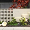 Garden Feature Wall With Lattice Grid Red Maple Leaves Green Plants Illuminated Strips Stone Pavement