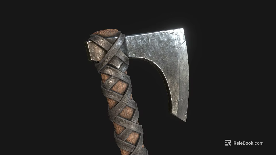 Medieval Battle Axe With Sharp Metal Blade And Wooden Handle Wrapped In Leather Straps 3d model 