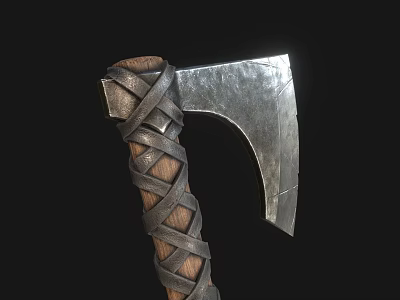 Medieval Battle Axe With Sharp Metal Blade And Wooden Handle Wrapped In Leather Straps 3d model