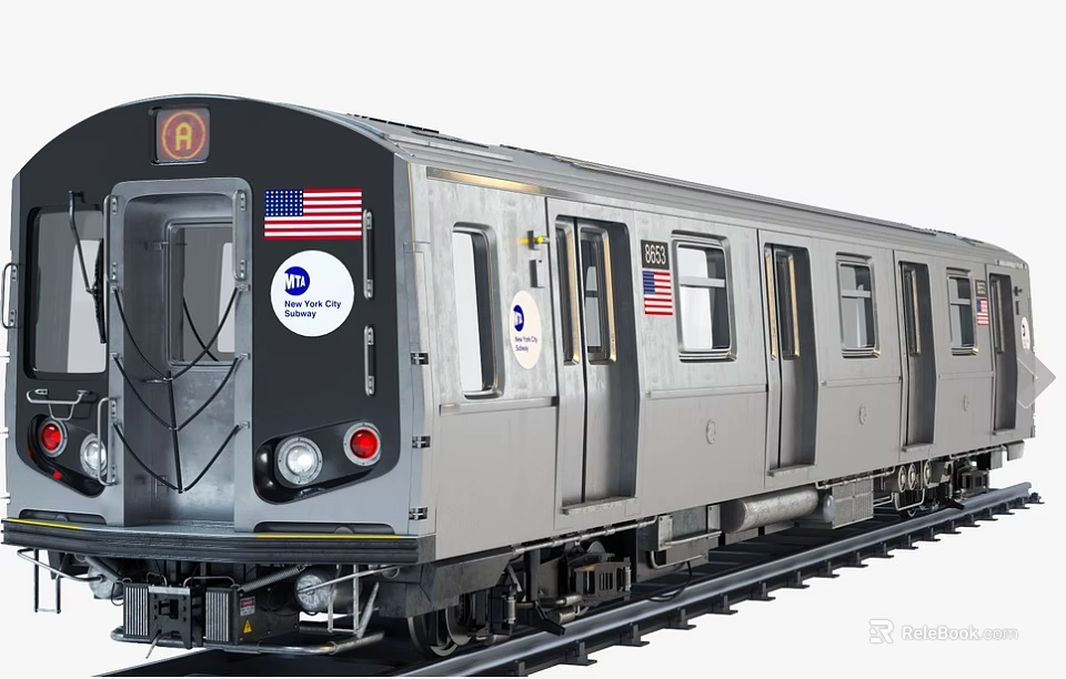 Silver Gray Subway Train With A Line American Flag Stickers Doors And Windows On Tracks 3d model 