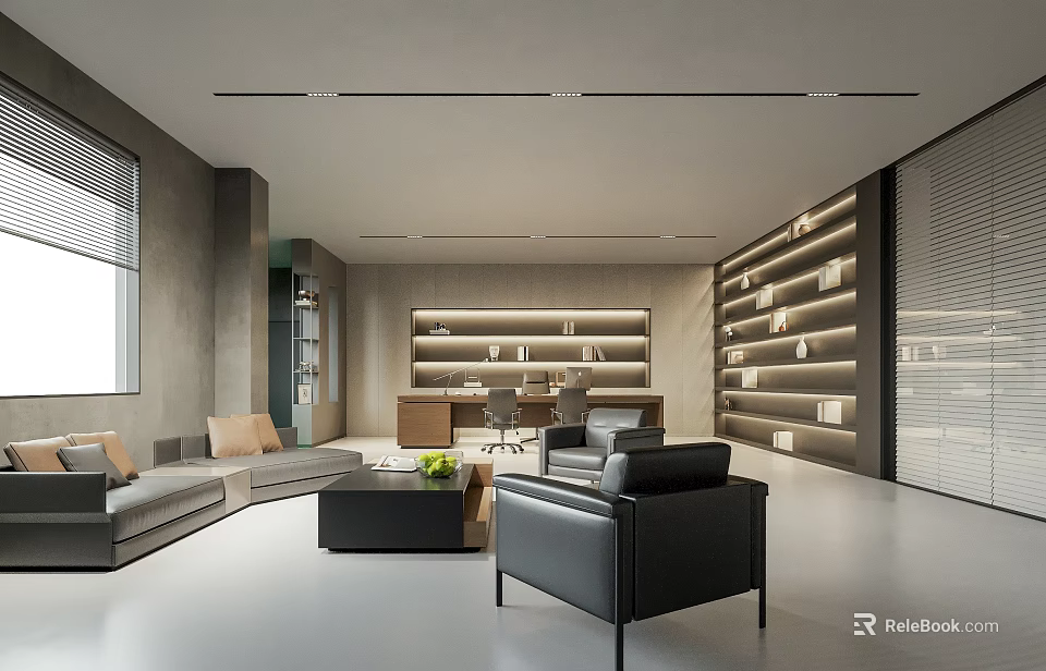 Modern Office Interior Design With Open Layout Sofa Area Bookshelves And Work Desk 3d model 