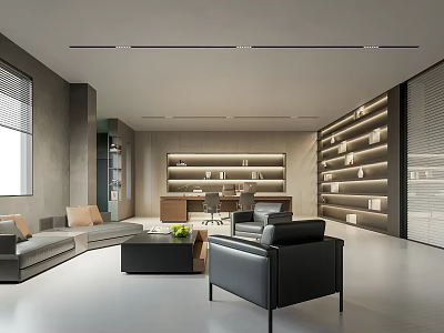 Modern Office Interior Design With Open Layout Sofa Area Bookshelves And Work Desk 3d model