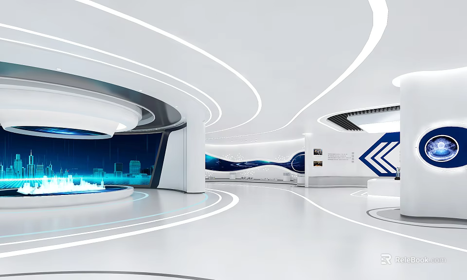 Modern White Exhibition Hall With Curved Lines Blue Screens And Hi Tech Circular Design 3d model 