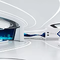 Modern White Exhibition Hall With Curved Lines Blue Screens And Hi Tech Circular Design