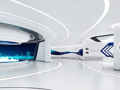 Modern White Exhibition Hall With Curved Lines Blue Screens And Hi Tech Circular Design 3d model