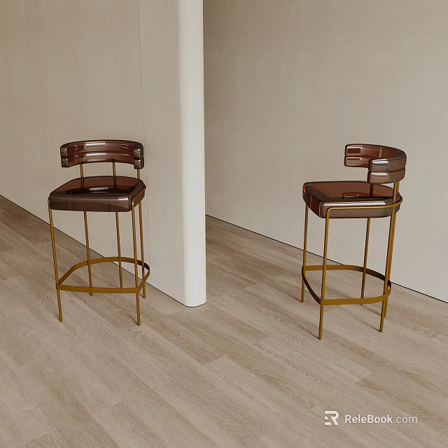 Modern Brown Bar Stools With Gold Metal Legs In Light Interior Space 3d model 