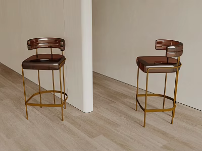 Modern Brown Bar Stools With Gold Metal Legs In Light Interior Space 3d model
