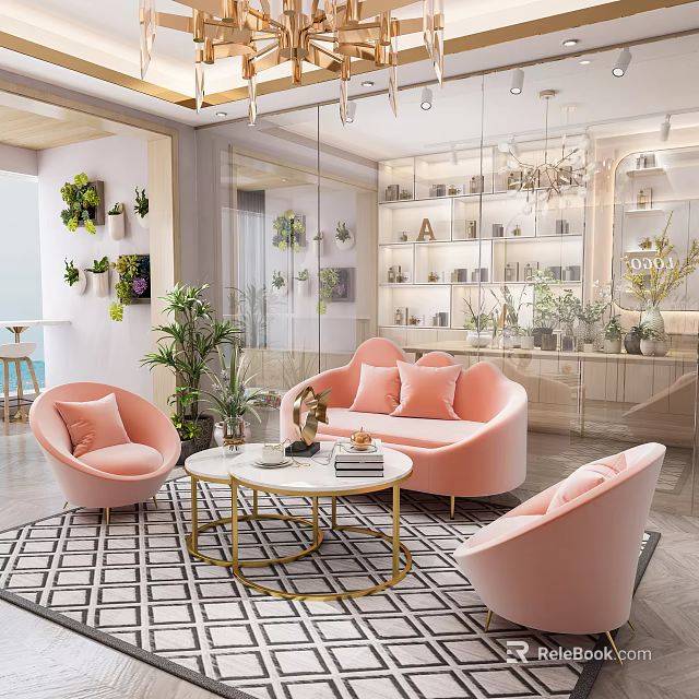 Modern Beauty Salon Interior With Pink Sofa Green Plants And Decorative Cabinets 3d model 
