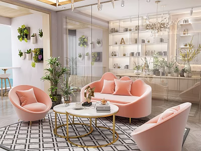 Modern Beauty Salon Interior With Pink Sofa Green Plants And Decorative Cabinets 3d model