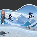 Snowboard Themed Photo Check-in Spot With Snowboarders Mountain Clouds And Wave Design