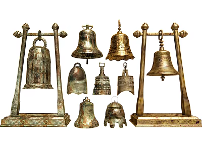 Vintage Metal Garden Ornaments with Various Decorative Bells and Stands 3d model