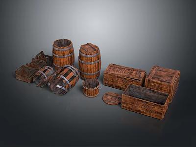 Rustic Wooden Barrels And Crates For Household Storage And Decoration 3d model