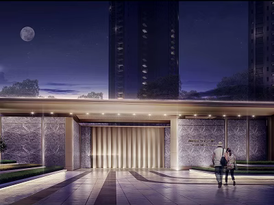 Modern Entrance Gate With Illuminated Lights Stone Wall And Moonlit Sky Near Tall Buildings 3d model