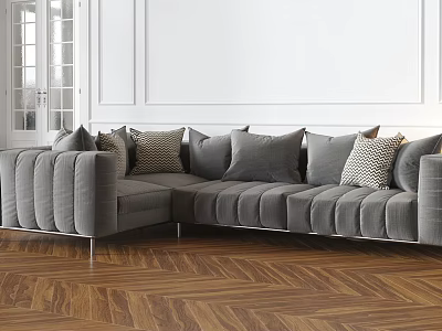 Gray Sectional Sofa With Patterned Cushions In Modern Living Room Wooden Herringbone Floor 3d model
