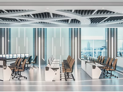 Professional Modern Monitoring Room with Control Consoles Monitors Neat Office Chairs and City View Windows 3d model