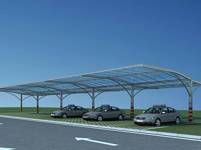 Parking Lot With Transparent Canopy Parked Cars Green Grass Blue Sky And Ground Direction Arrows 3d model
