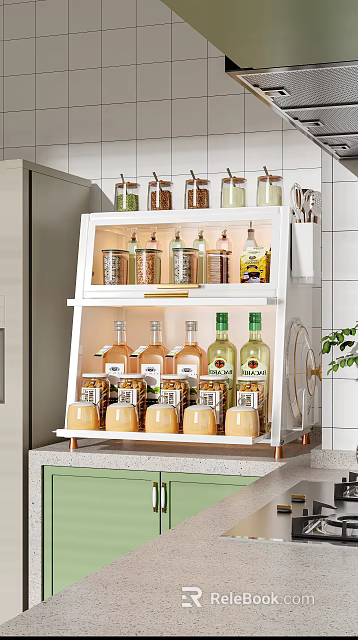 White Kitchen Storage Rack With Layered Storage For Spices And Bottles 3d model 