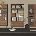 Natural Wooden Bookcases In Modern Home Interior With Open Shelves Drawers And Decorative Plants