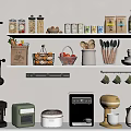 Organized Kitchen Shelves With Storage Jars Bottles Utensils And Small Cooking Appliances