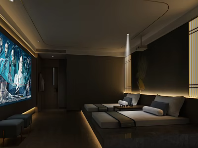 Serene SPA Sauna Interior With Comfortable Massage Beds Decorative Painting And Soft Lighting 3d model