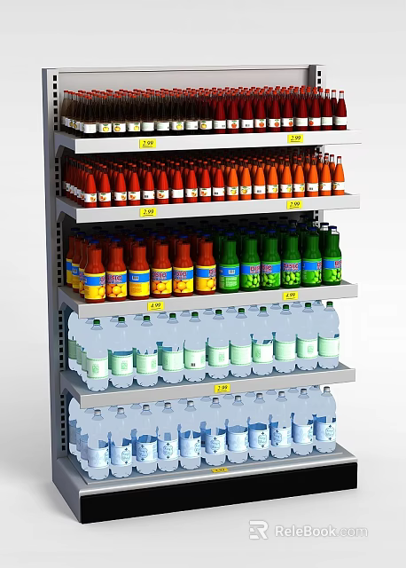 Multi tiered Display Shelf with Colorful Bottled Beverages and Yellow Price Tags 3d model 