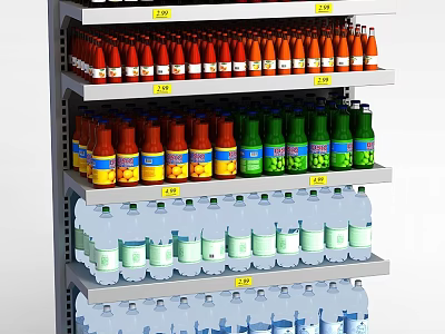 Multi tiered Display Shelf with Colorful Bottled Beverages and Yellow Price Tags 3d model