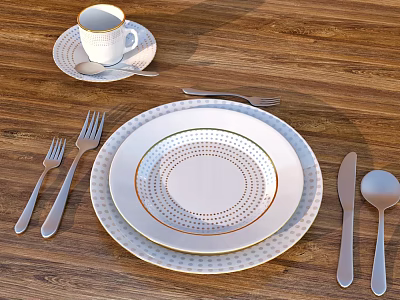 Elegant White Ceramic Kitchenware With Dinner Plates Forks Knives Spoons And Cup Saucer 3d model