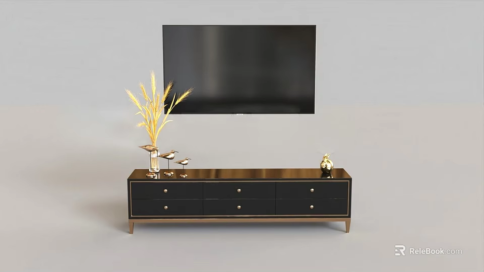 Modern Black TV Stand With Drawers Gold Knobs TV And Decorative Plants Figurine 3d model 