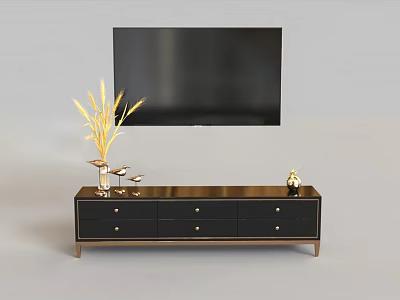 Modern Black TV Stand With Drawers Gold Knobs TV And Decorative Plants Figurine 3d model