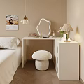 White Dressing Table With Scalloped Mirror Green Lamp Pink Flowers And Fuzzy Stool