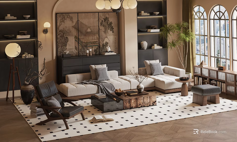 Stylish Living Room With L-shaped Sofa Armchair Decorative Painting Polka Dot Rug And Green Plant 3d model 