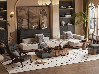 Stylish Living Room With L-shaped Sofa Armchair Decorative Painting Polka Dot Rug And Green Plant 3d model