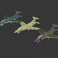 Three Different Colored Military Fighter Aircraft Models Displayed On Dark Background