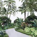 Lush Tropical Garden Path With Banana Leaves Palm Trees And Orange Flowers