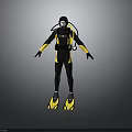 Scuba Diver Wearing Black Yellow Wetsuit With Diving Equipment And Fins