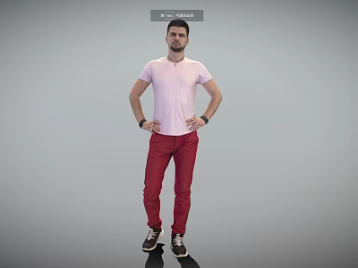 Man in Pink T-Shirt and Red Pants Standing with Hands on Hips Against Grey Background 3d model