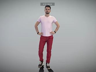 Casual men's hands waist-pinching posture red pants men 3d model