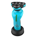 Modern Three Blade Electric Shaver With Blue Handle Black Base And Green Indicator Light Design