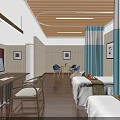 Modern Patient Room Interior With Wooden Ceiling White Walls Two Beds And Blue Curtains